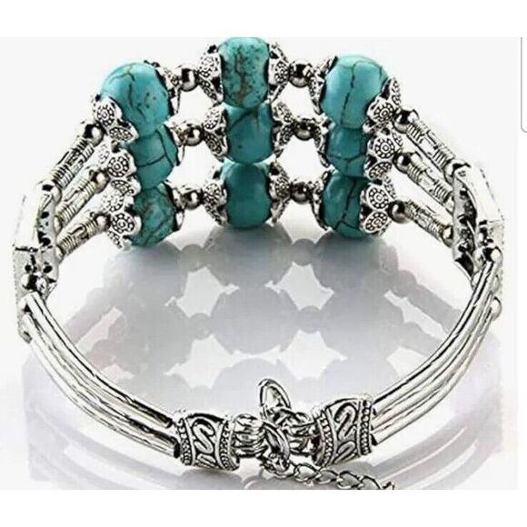 Women Turquoise Bead Bracelet 3-Ply Tibetan Silver Wrap‎ Cuff.       SKD4 - Picture 2 of 5